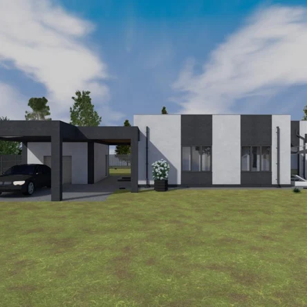 Одноэтажный дом с навесом для авто и террасой