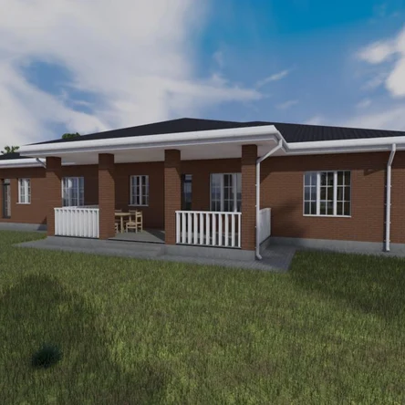 Одноэтажный дом с террасой и навесом для авто